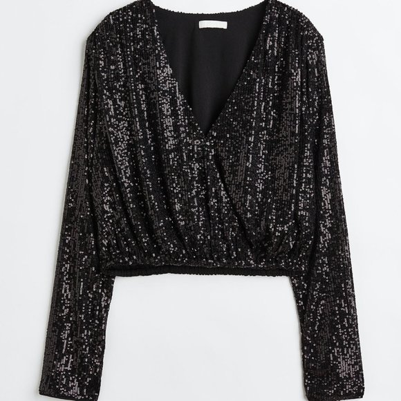 H&M Sequined Wrapover Long Sleeve Cropped Blouse in Black, Size S, UK 8 - Picture 3 of 10